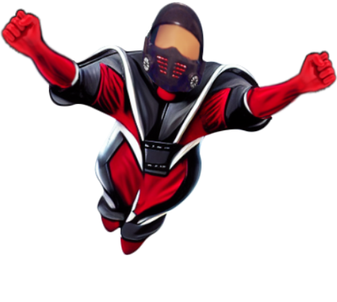 Flying superhero with red and black armor on transparent background