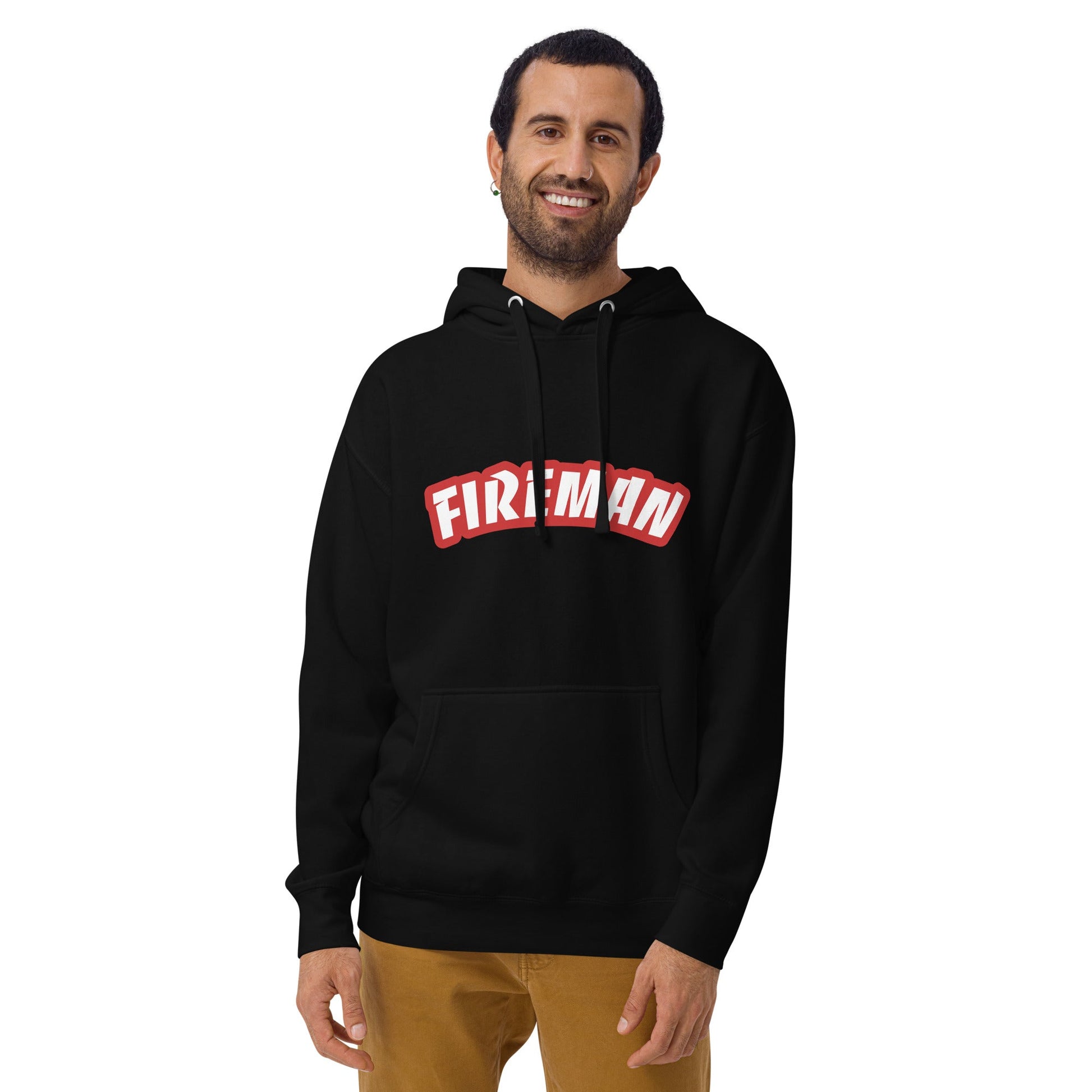 Smiling man wearing black hoodie with Fireman text on white background