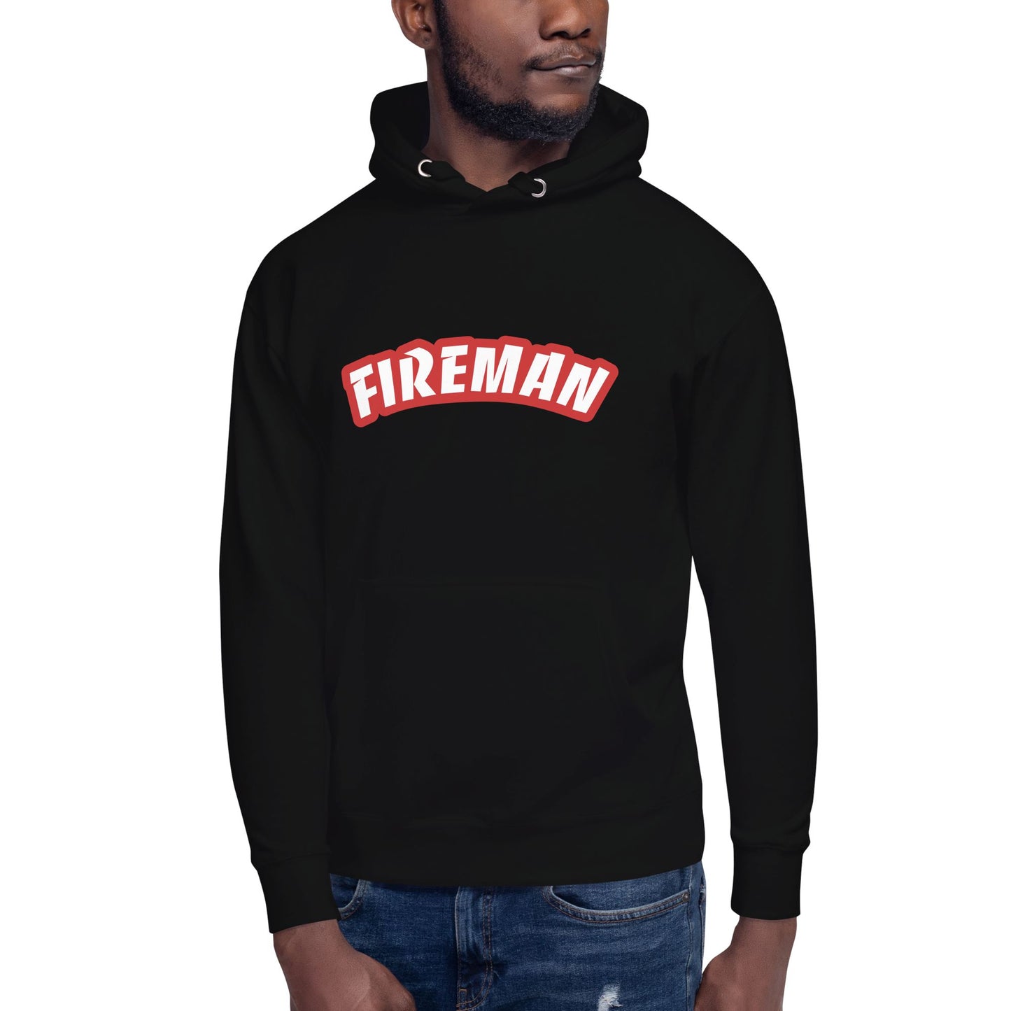 Man wearing Black hoodie with Fireman text on white background