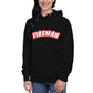 Woman wearing black hoodie with Fireman text on white background