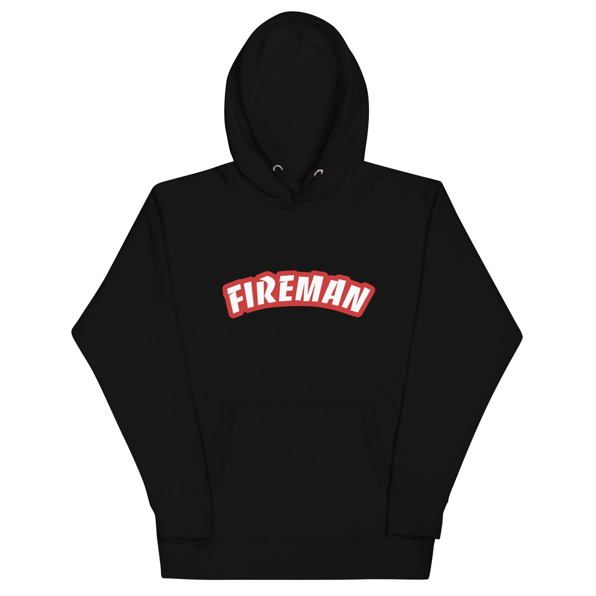 Folded black hoodie with Fireman text on white background