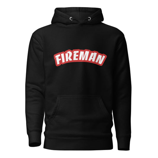 Black hoodie with Fireman text on white background