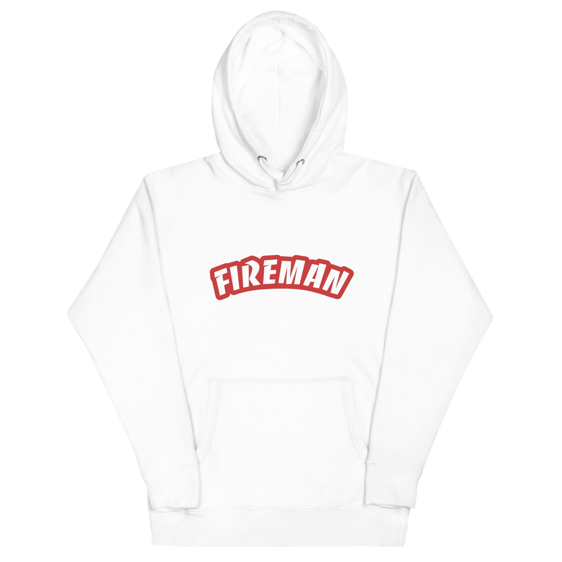 White hoodie with Fireman text on white background