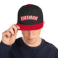 Man wearing Black and red snapback with Fireman text on white background