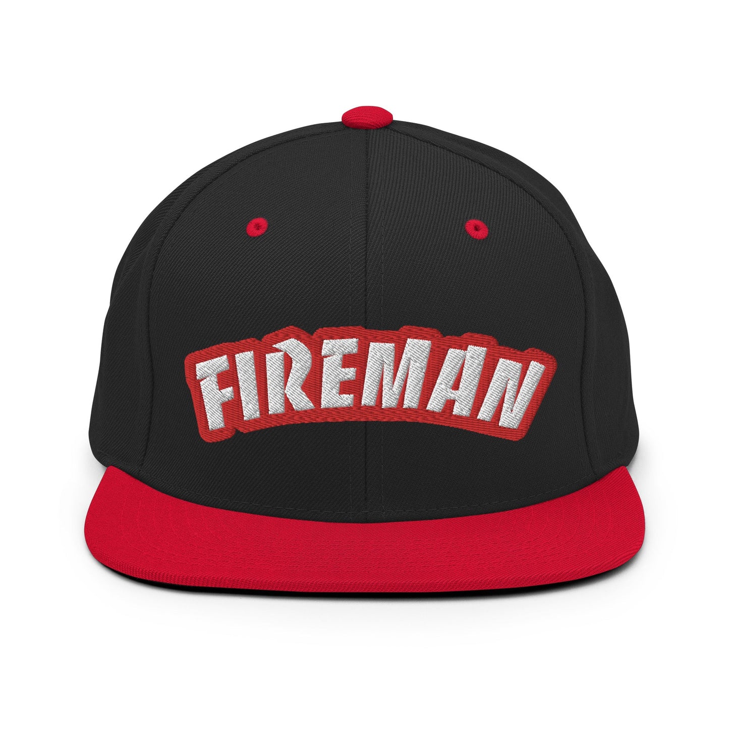 Black and red snapback with Fireman text on white background