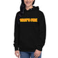 Smiling woman wearing black hoodie with That's Fire text on white background